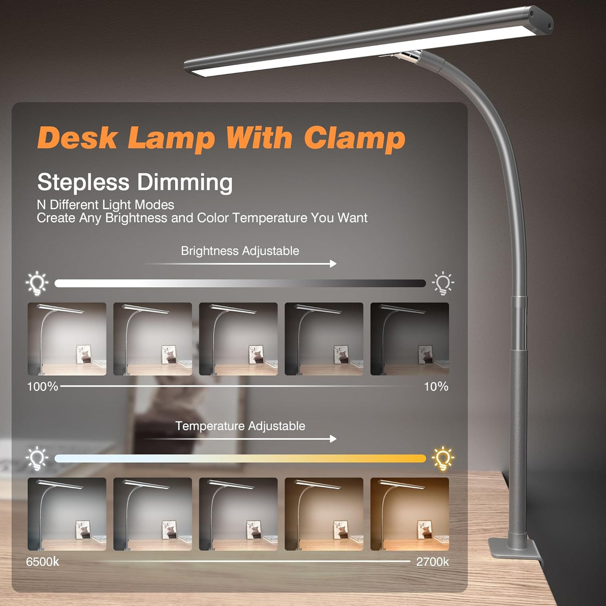 Airlonv LED Desk Lamp with Clamp, 17" Stepless Dimming Light, Grey