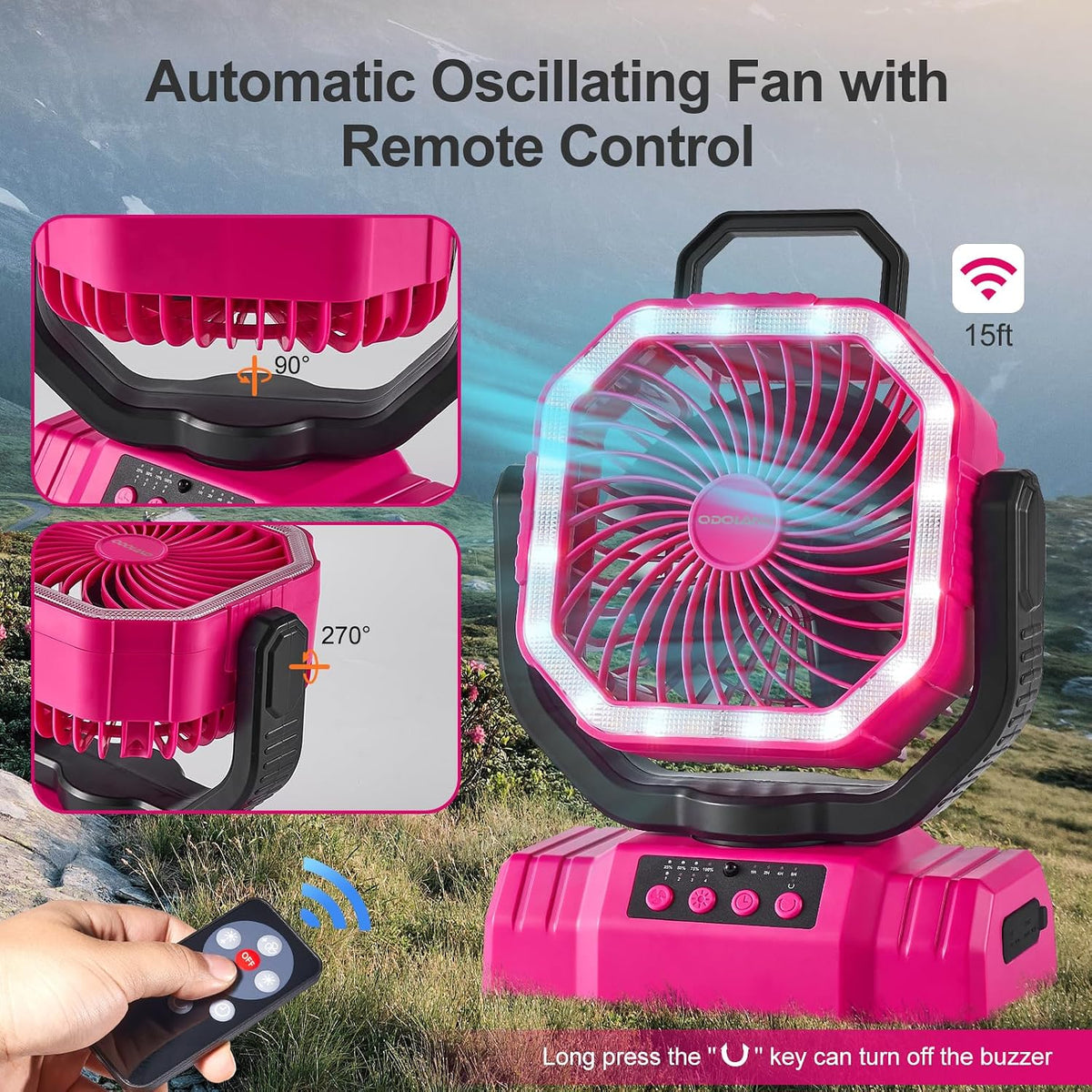 Odoland Portable Camping Fan with Light, 20000mAh Rechargeable Battery Fan | Desk Fan with Auto Oscillation, Timer, Remote, 360° Rotation Hook, 4 Speeds for Power Outage Travel Home, Pink