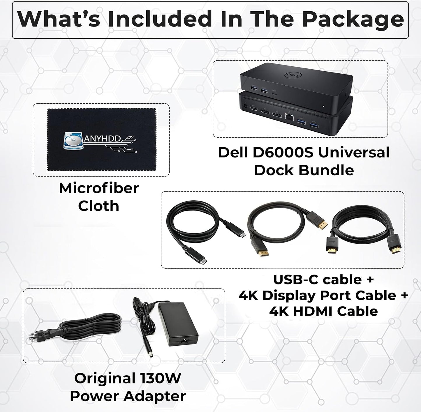 Dell D6000S Universal Docking Station - USB-C/USB-A Dock with 130W Adapter, HDMI, DisplayPort, USB-C Cables - Supports 4K Display (Renewed)
