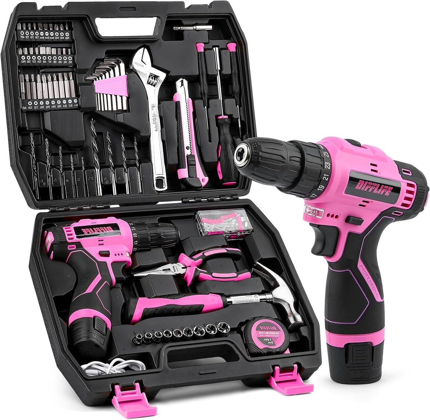 147 Piece Pink Power Drill Drivers Tool Set, 12V Cordless