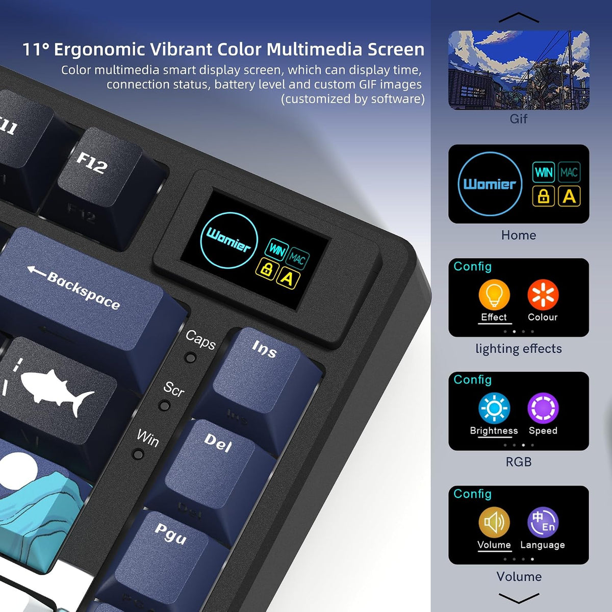 Womier SK80 75% Keyboard with Color Multimedia Display Gaming Keyboard | Creamy Sound Mechanical Wired Hot Swappable Gasket RGB Custom Key board, Pre-lubed Stabilizer for Mac/Win, Black Kanagawa