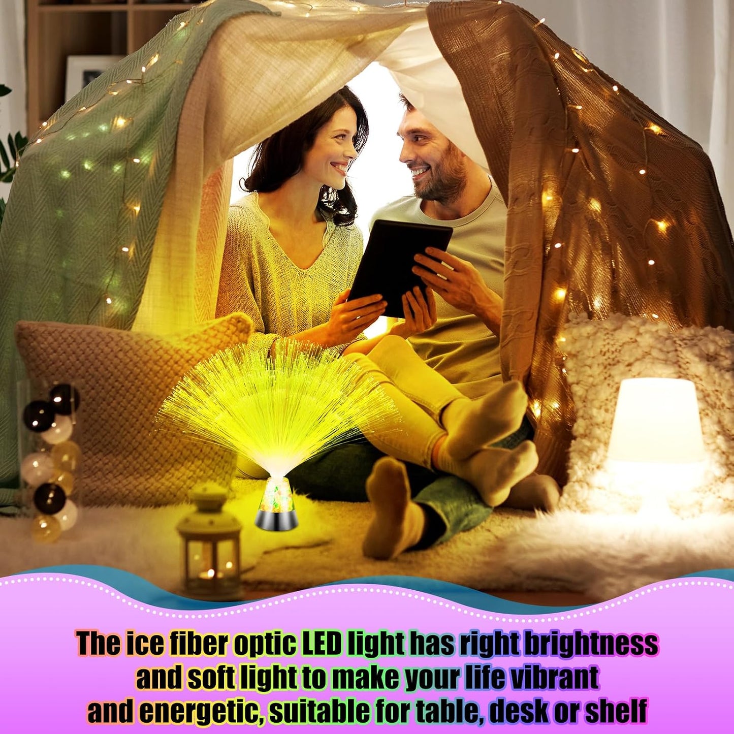 2 Pack LED Fiber Optic Lamp with Remote Control, 13.5" Multicolored Changing Fiber Optic Lights, Crystal Base Battery Powered Glitter Light for Room Wedding Disco Party Birthday Carnival Holiday