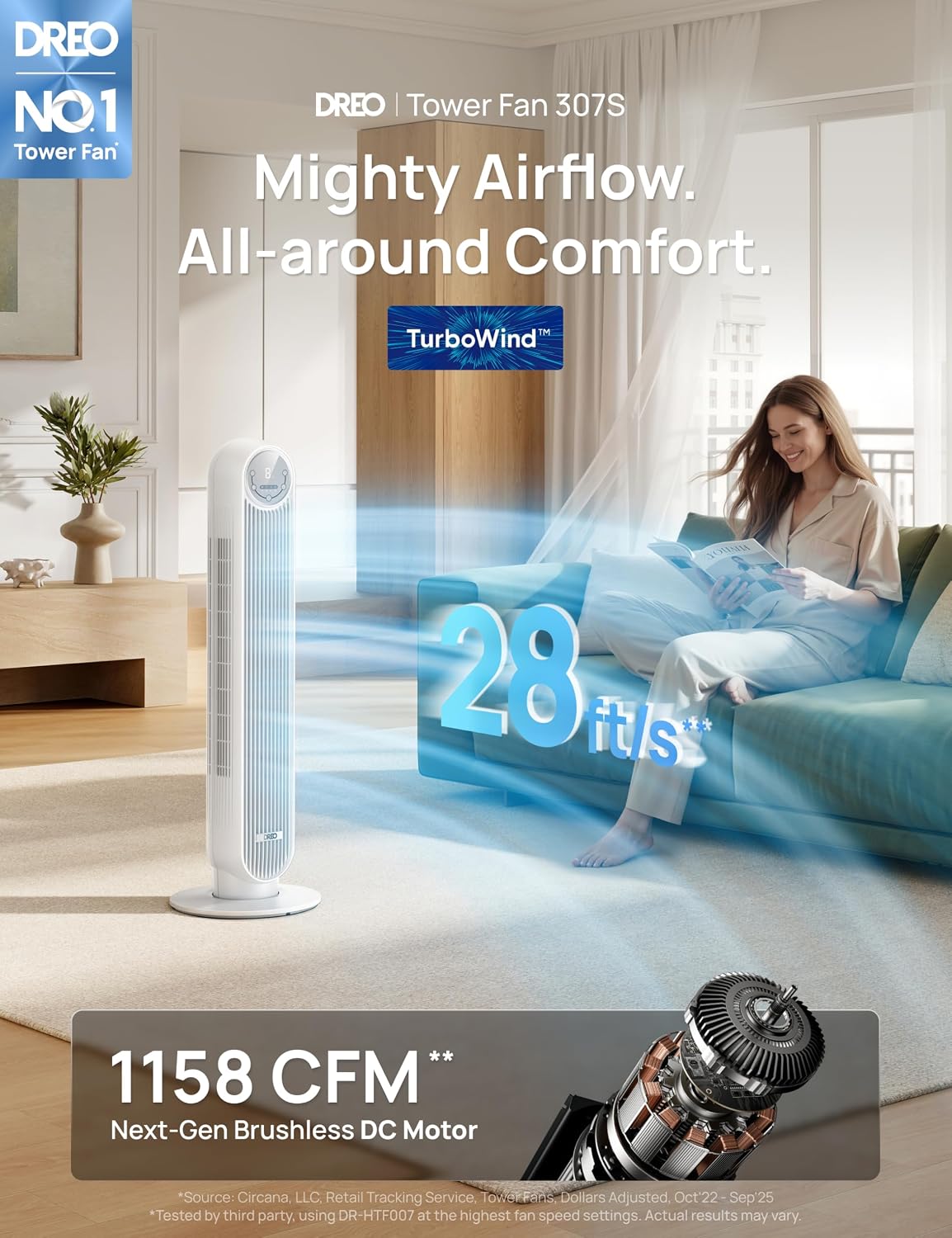 DREO Smart Tower Fan for Bedroom, 28ft/s, 20dB Ultra Quiet Fan, 8 Speeds | 2026 Upgraded DC Motor, 90° Oscillating Floor Fan, WiFi Voice Control, 4 Modes 8H Timer, Bladeless Standing Fans with Remote