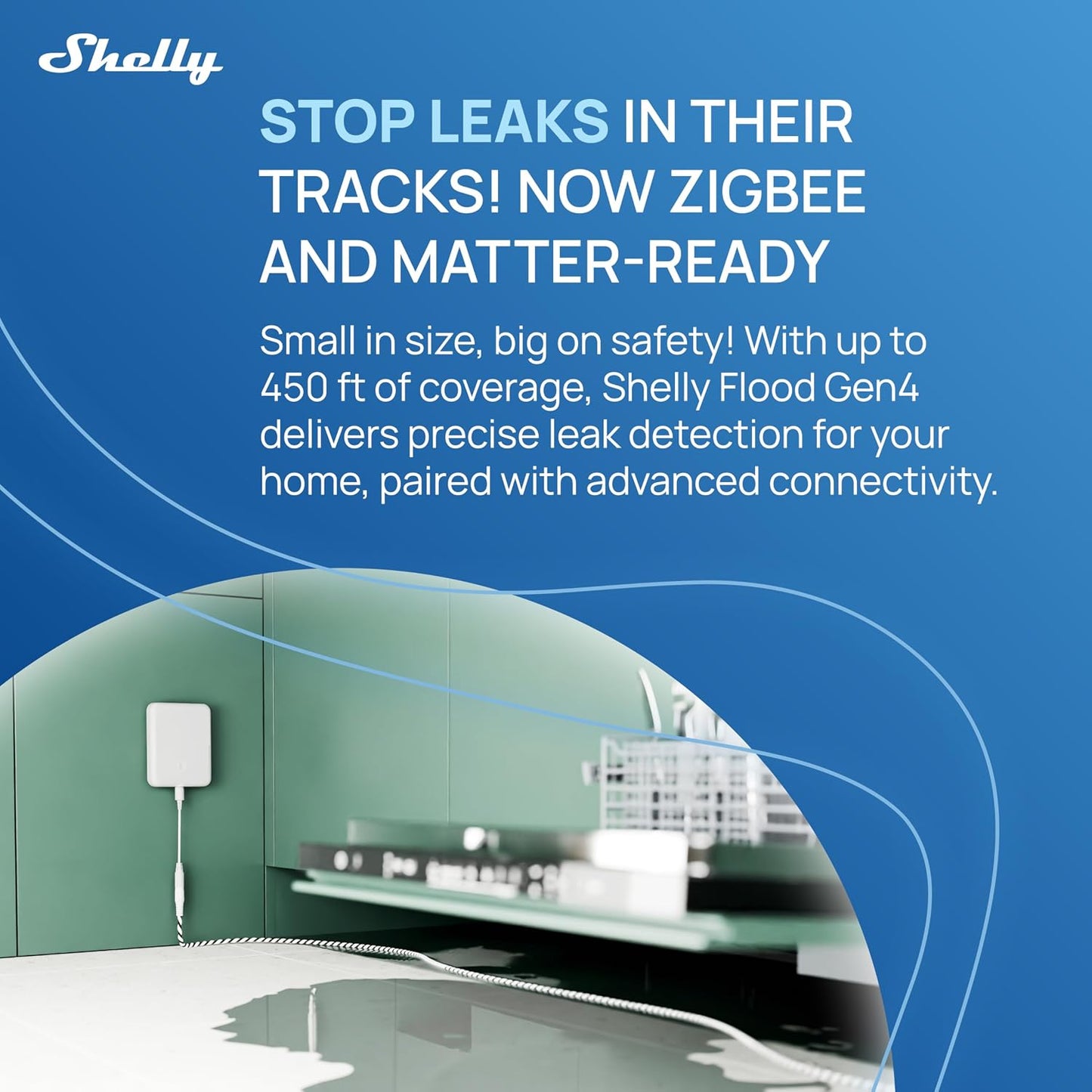 Shelly Flood Gen4, WiFi, Bluetooth, Zigbee, Matter Smart Flood Sensor with Leak Sensor Cable, Alexa, SmartThings, Google Home, Apple HomeKit Compatible, Flood and Rain Detection, Easy to Use, IP44