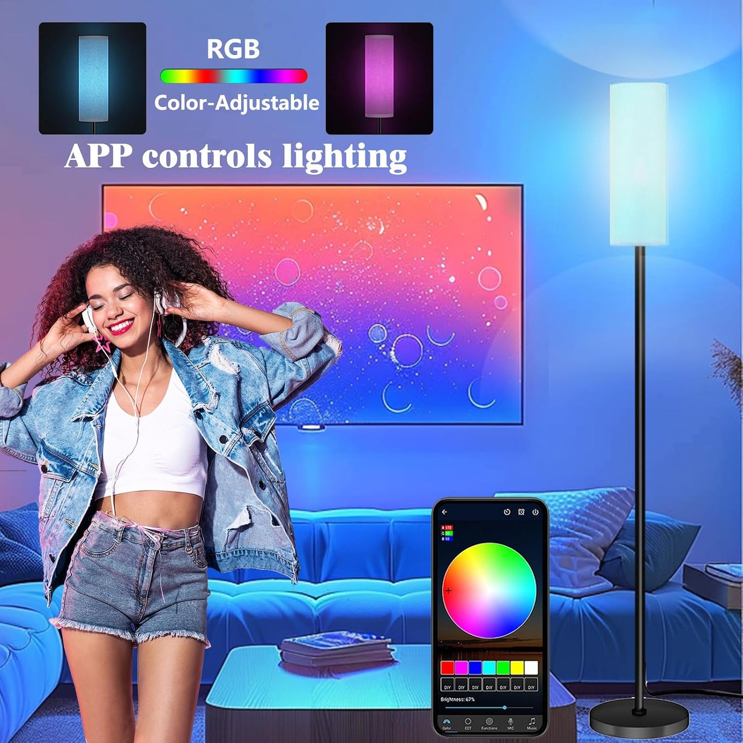Qaubauyt Smart LED Floor Lamp with APP Control & RGB Colors - Dimmable Standing Lamp for Living Room, Bedroom, Gaming - Remote, Timer, 9W Bulb Included, 67" Modern Tall Lamp (black pole + white shade)