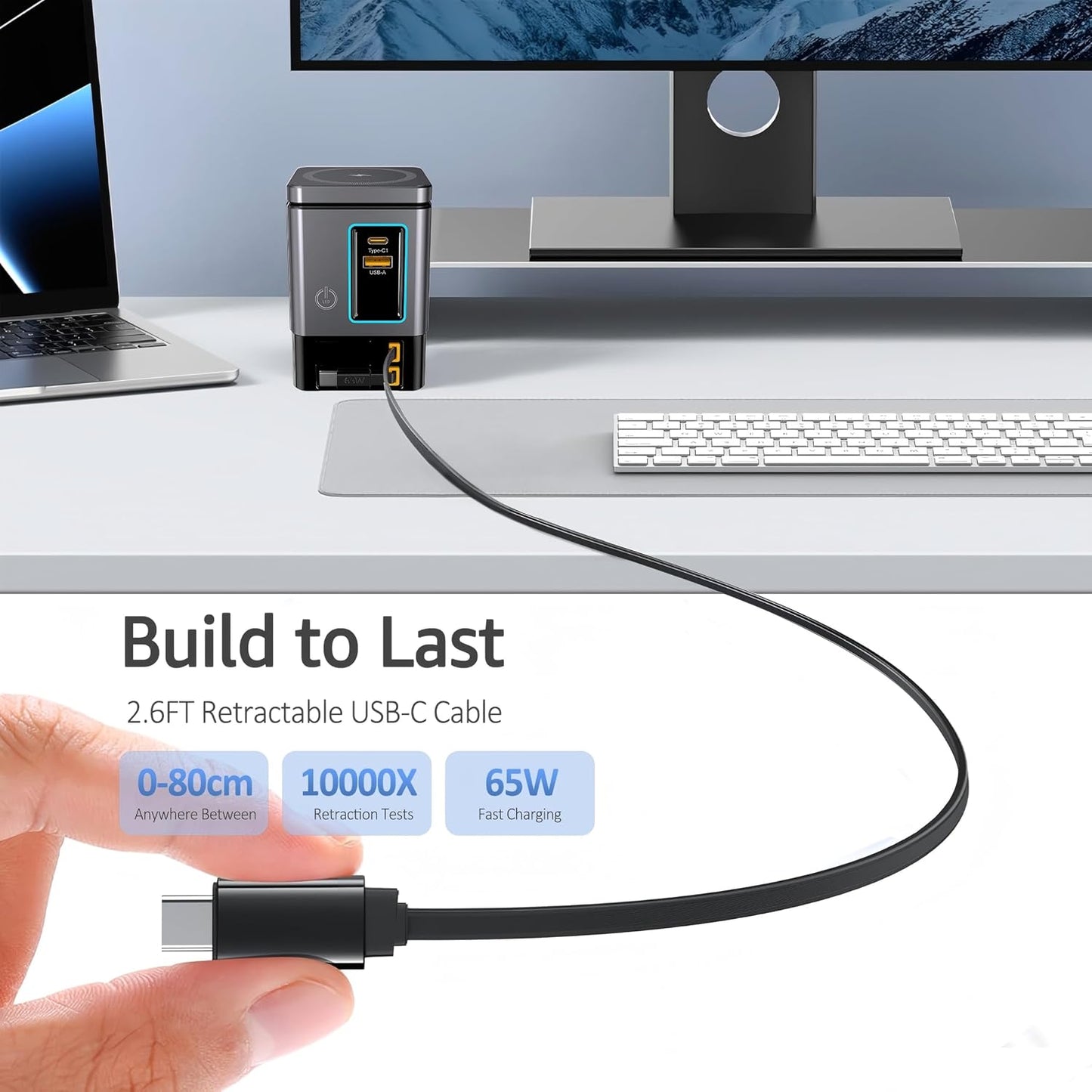 105W Charging Station–MagSafe Compatible,6-in-1 Charging Dock,Gan Retractable Charger with Dual 65W Cables,USB-C Fast Charging for iPhone, AirPods,Tablets.