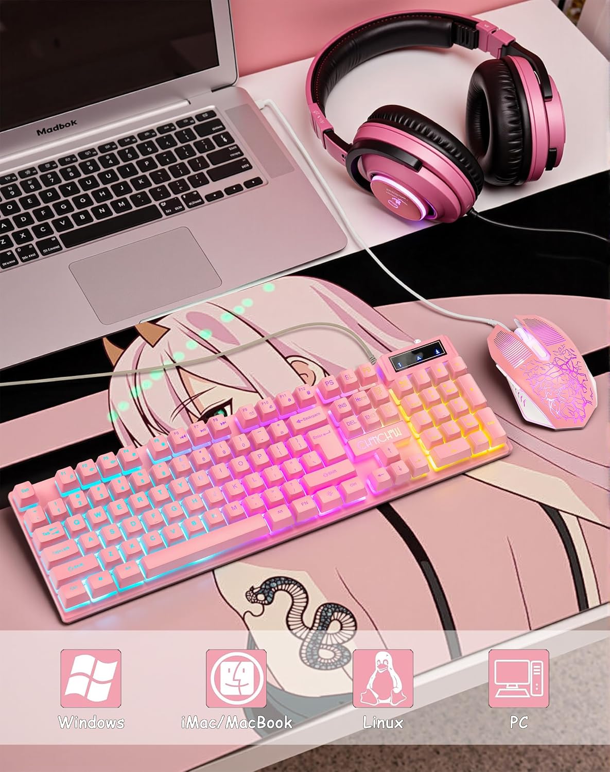 Wired Pink Gaming Keyboard and Mouse Combo with LED Backlit for PC Laptop | Multimedia Function Keys, 19 Key Anti-ghosting, Number Pad, 104 Keys Light Up Keyboard & RGB Mouse Set for Computer PS5 Xbox