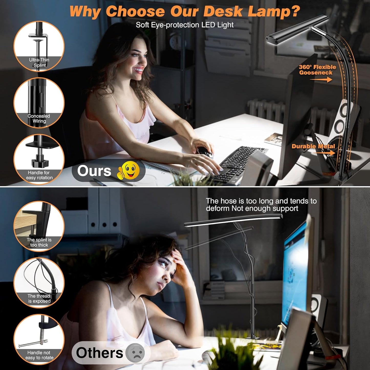 Airlonv LED Desk Lamp with Clamp, 17" Stepless Dimming Light, Black | 2700K-6500K, 100 LEDs, 360° Gooseneck, Fits Up to 30" Monitors, Flicker-Free Lighting for Home Office, Study& Workbench