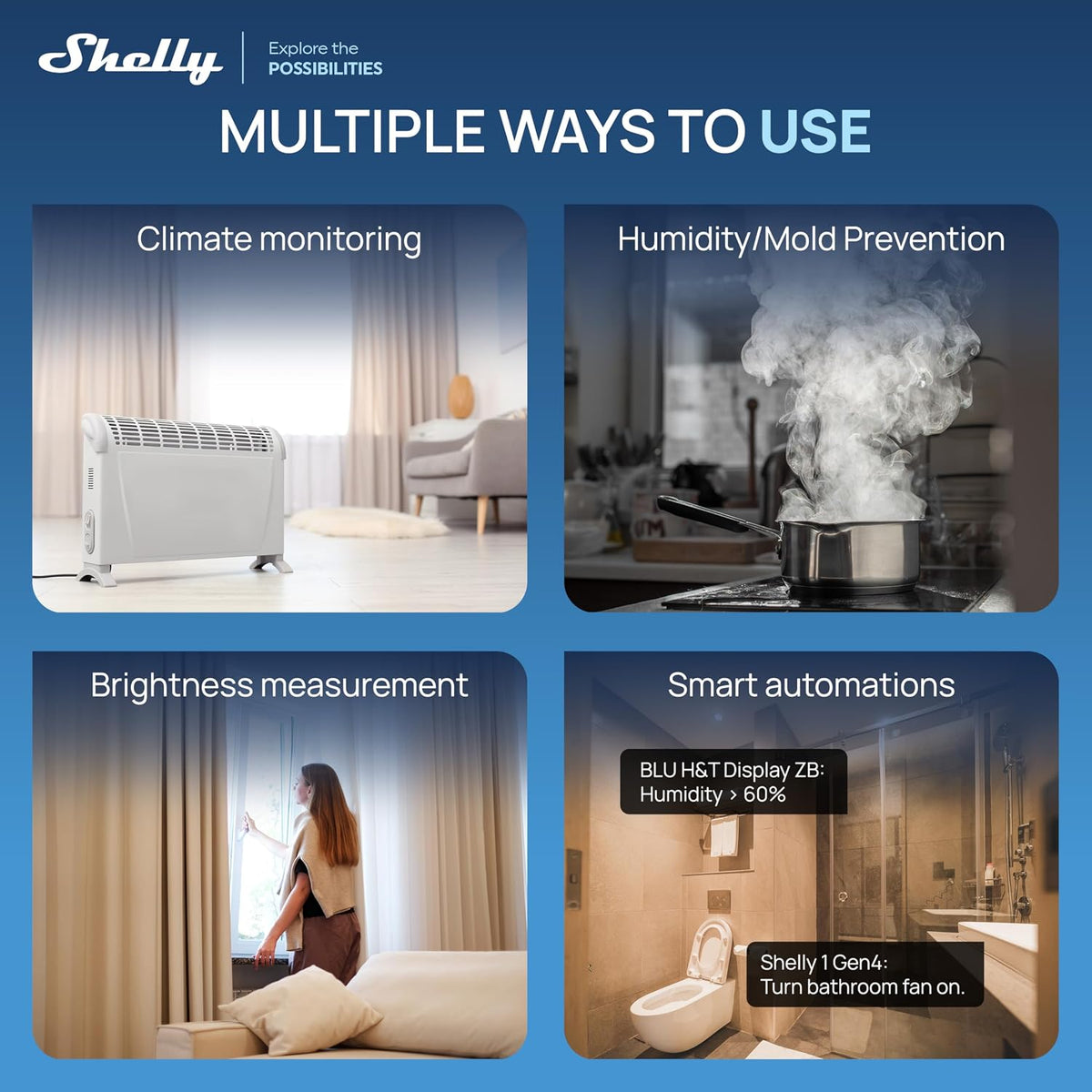 Shelly BLU H&T Display ZB White, Bluetooth & Zigbee Operated Temperature & Humidity Levels Sensor, E-Paper Display, Home Assistant, Alexa, Google Home, Real-Time Monitoring, Long-Life Battery
