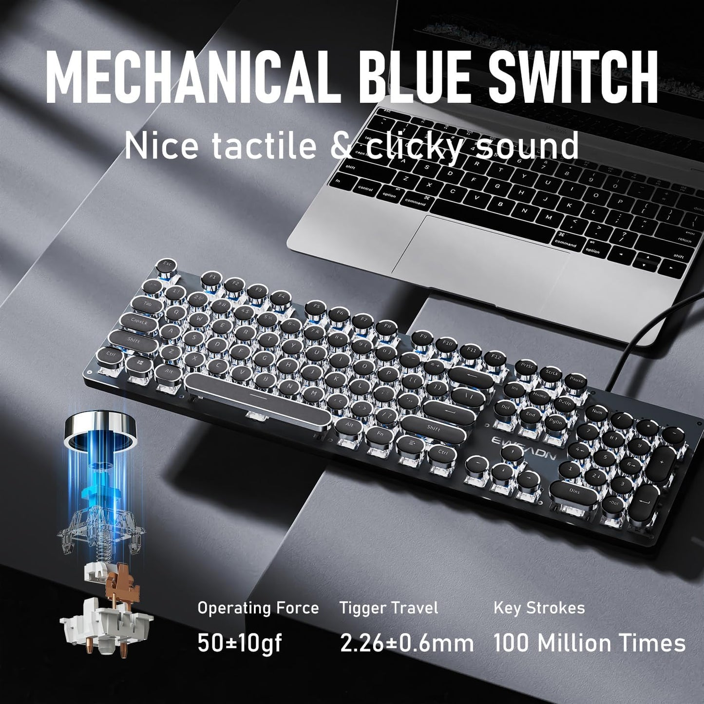 SEUNKWANG Typewriter Style Mechanical Gaming Keyboard with White Backlit, Wired Retro Punk Computer Keyboard Durable Metal Panel, Clicky Blue Switch, Round Keycaps, Full-size for PC/Desktop/Win, Black
