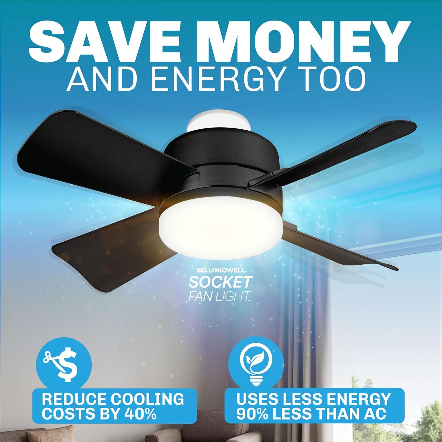 Bell+Howell Socket Breeze 15.4" Socket Fan Light with Remote | 3500K, 1000 Lumens, Portable, Small, Easy to Install Ceiling Fan Replacement for Bedroom, Kitchen, Living Room