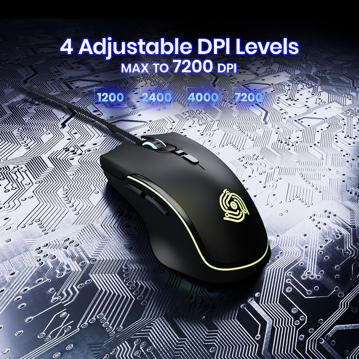 Wired Gaming Mouse - Computer Corded Mouse with 6 Programmable Buttons | Up to 7200 DPI Optical Sensor, RGB Lighting, for PC Laptop, Black ( Cool Viper)