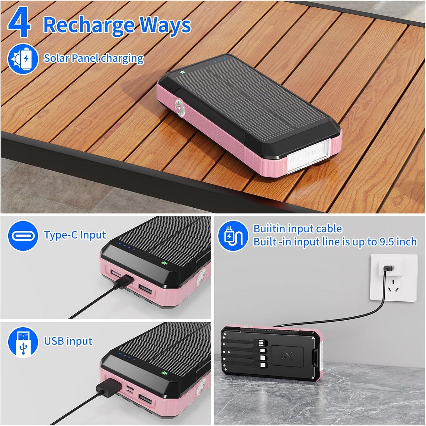 Solar Power Bank 49800mAh, Portable Charger with Built-in 4 Cables, 22.5W Fast Charging Solar Panel Charger for Traveling, Camping and Emergency(Pink)