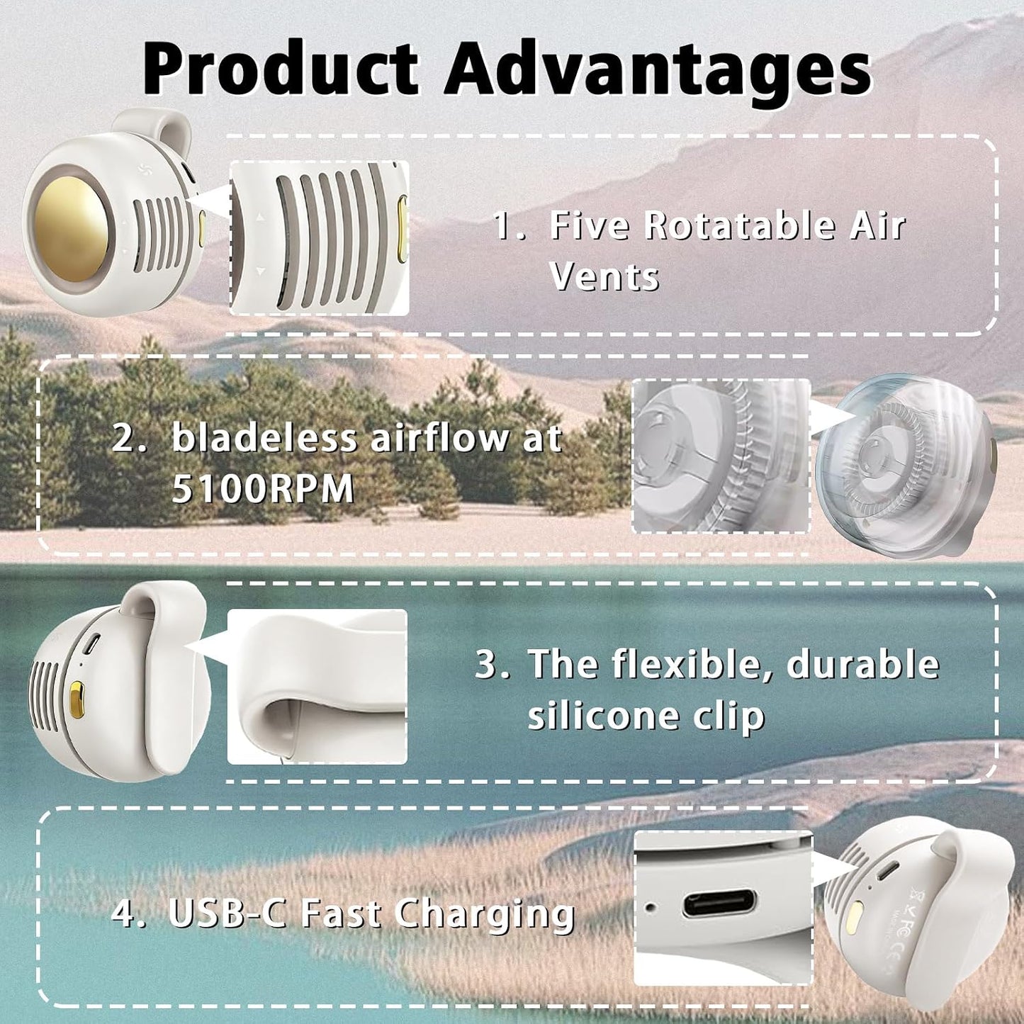 Portable Clip-On Fan, Mini USB Rechargeable 360° Rotatable Fan, Personal Fan 3-Speed Silent Mini Bladeless Fans (White)