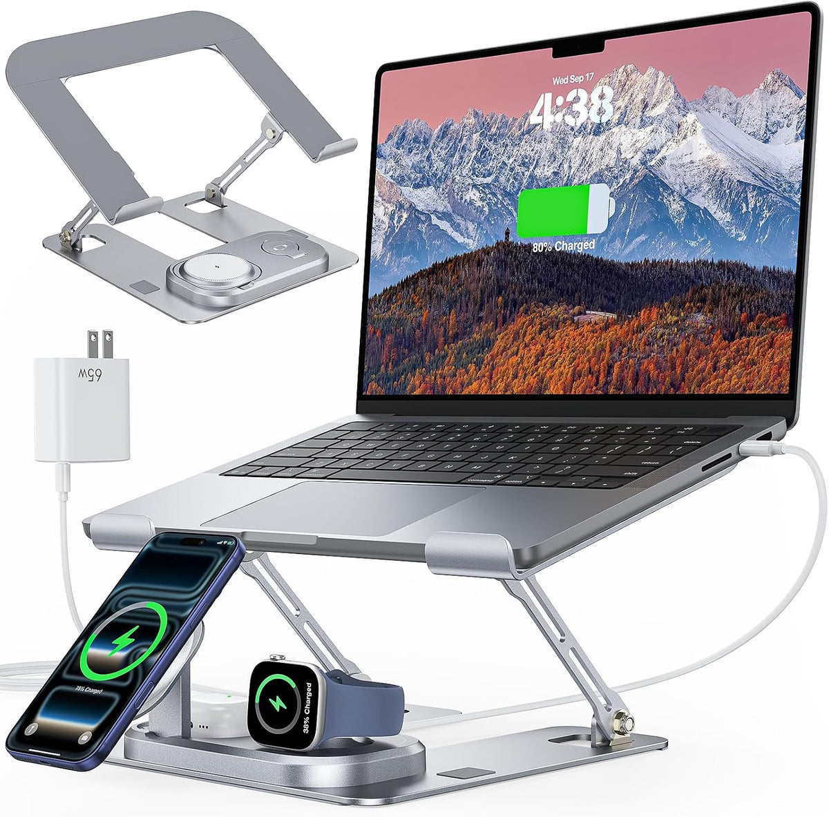 Meifigno Laptop Stand with Wireless Charging Station Base, Foldable Aluminum MacBook Holder with MagSafe Charger for iPhone/iWatch/AirPods, 30W USB-C Wired Charging for Laptop/iPad, with 65W Adapter