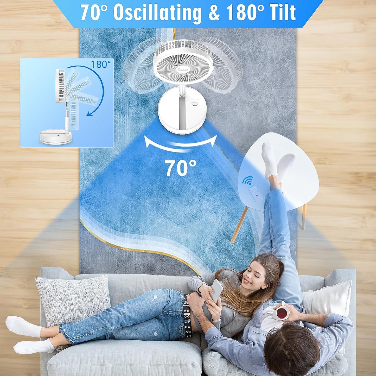 Portable Foldable Rechargeable Oscillating Fan - 8.6" 8000mah Remote Fan | Battery Operated USB C Small Fan Quiet Table Desk Fan Folding Standing Pedestal Fan for Bedroom Rome Office Camping Travel