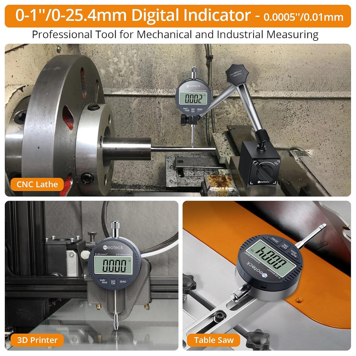 Neoteck 1"/25.4mm Digital Dial Indicator 0.0005"/0.01mm Dial Test Indicator | DTI Dial Gauge with Large LCD Display,Inch/Metric Conversion,Zero Setting for Mechanical Industrial Measurement CNC-Grey