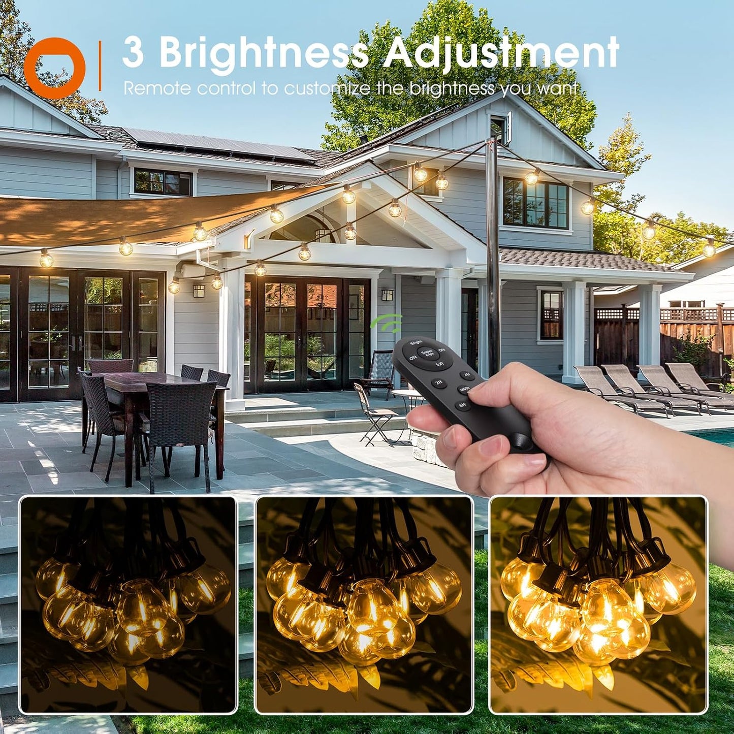 addlon 56FT(50+6) Solar String Lights Outdoor with Remote, 27 LED G40 Bulbs | Solar Powered & USB Charging Patio Lights, Dimmable Waterproof Solar String Lights for Outside, Camping, Backyard