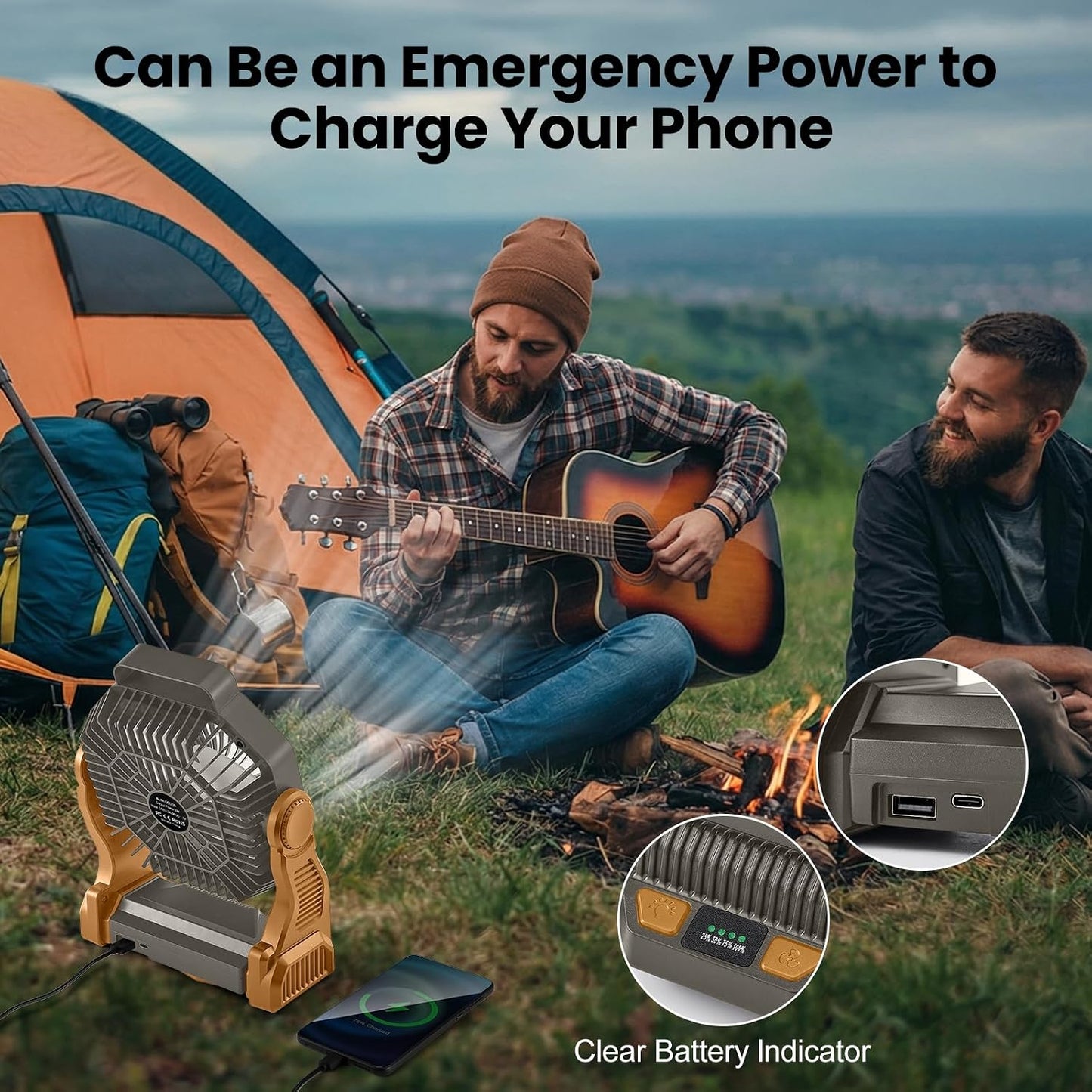 Odoland Portable Rechargeable Fan, 20000mAh Camping Fan with LED Lantern | 4-Speed Airflow & 3-Color Light Oscillating Fan with Hanging Hook for Tent Car Beach Hurricane Power Outage, Brown