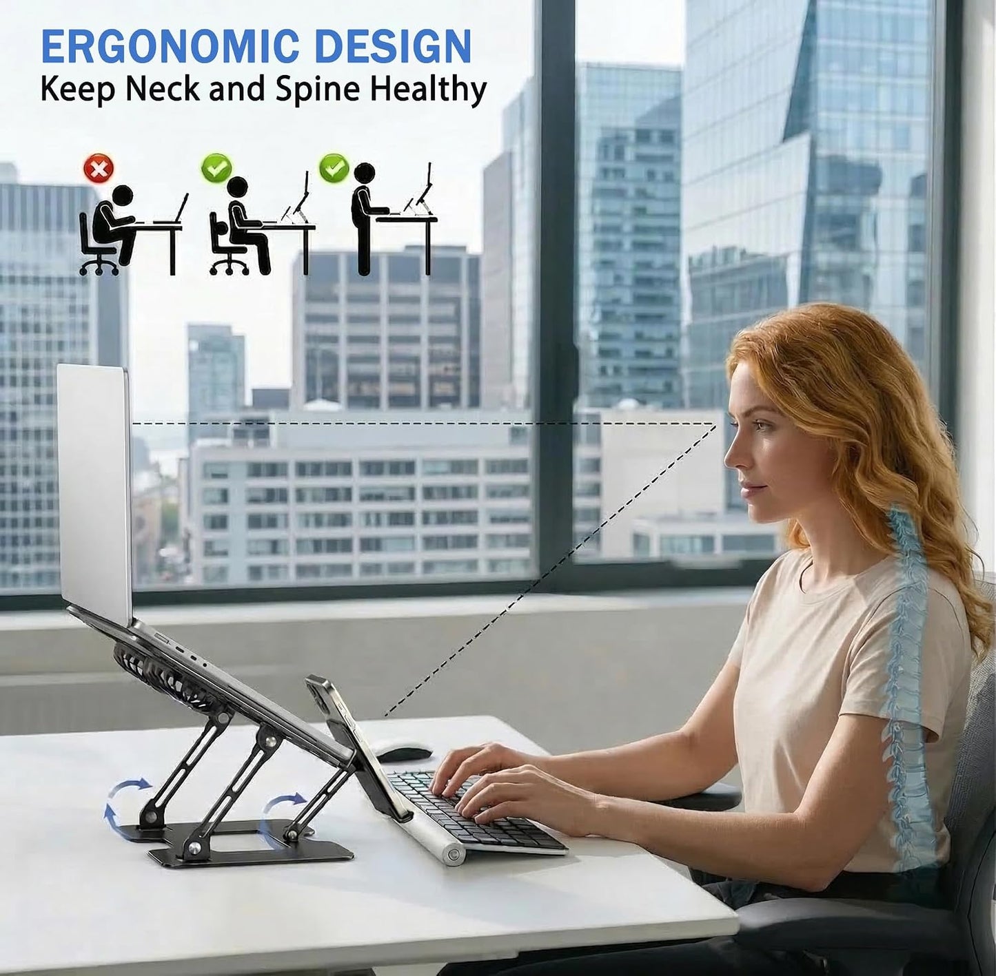 Laptop &amp; Phone 2-in-1 Cooling Stand with Silent Fan, Adjustable Height &amp; Angle, Carbon Steel Foldable Laptop Riser, Gaming Laptop Cooler Pad for Laptops Up to 18 Inch (Black)