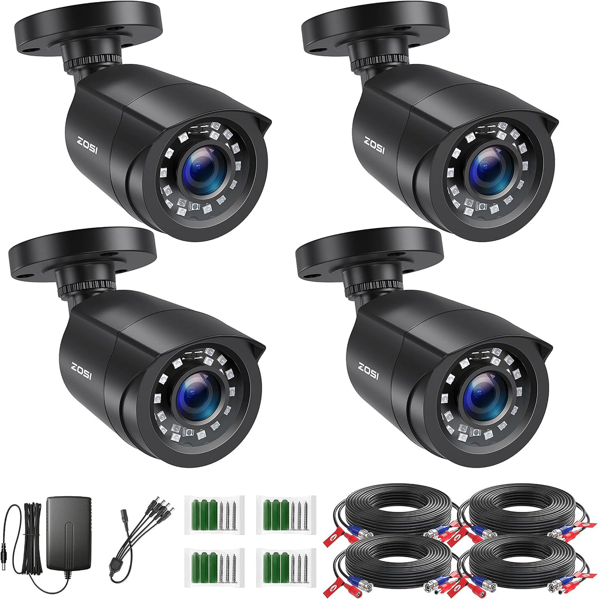 ZOSI 4 Pack 1080P HD TVI Wired Security Cameras, Outdoor Indoor Bullet Cam