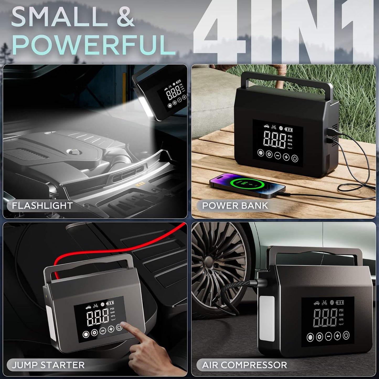 Hieha Portable Car Battery Jump Starter 4000A, 150PSI Air Compressor | 4000A Peak, 150PSI Air Compressor, 15000mAh Power Bank, 12V, Auto Shutoff, LED Flashlight, USB-C, Jumper Cables