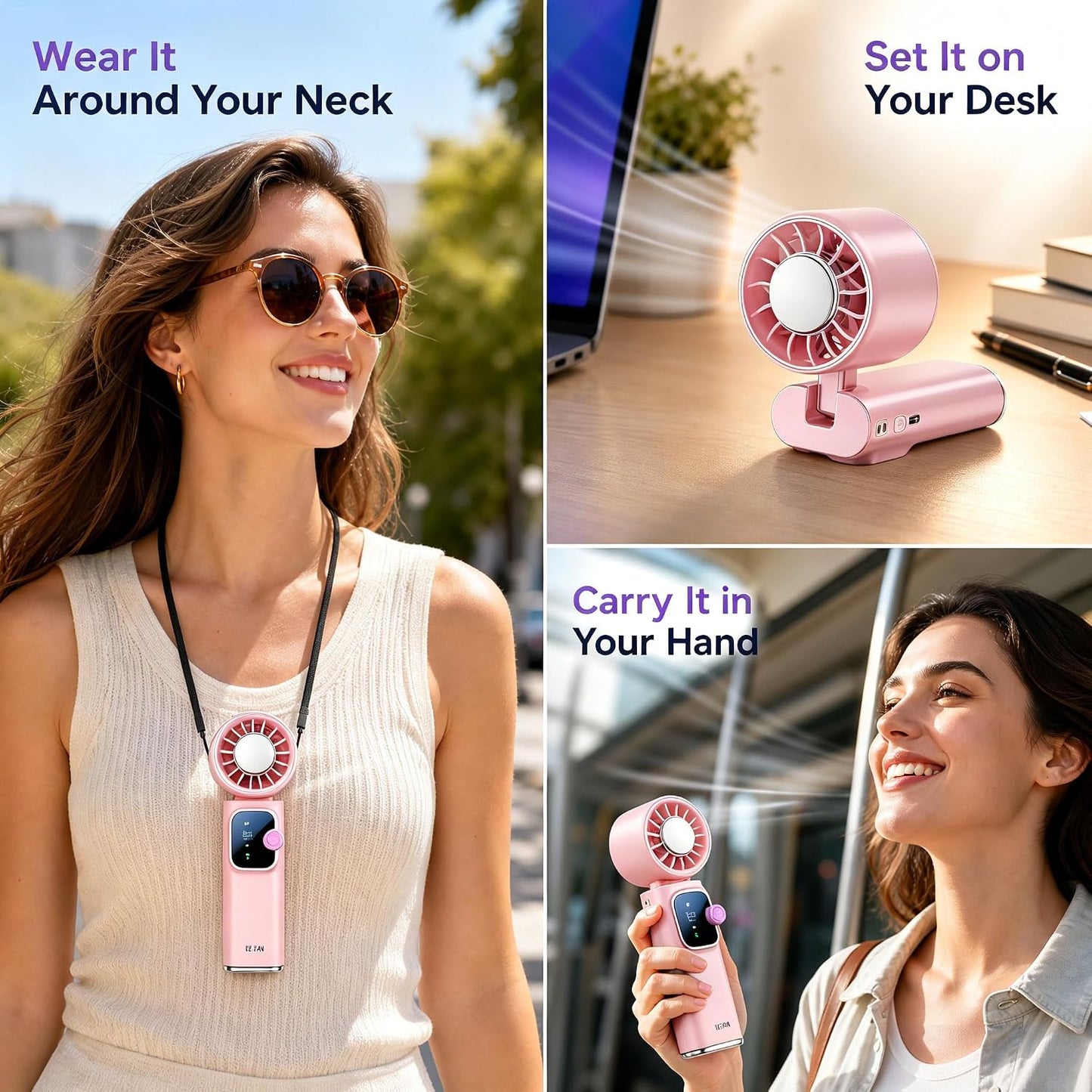 Portable Handheld Fan with Ice Cooling Personal Rechargeable Mini Neck Fan | 20000RPM,199-Speed 4000mAh Battery Powered up to 15hrs with LED Display for Travel, Camping & Outdoor, Pink