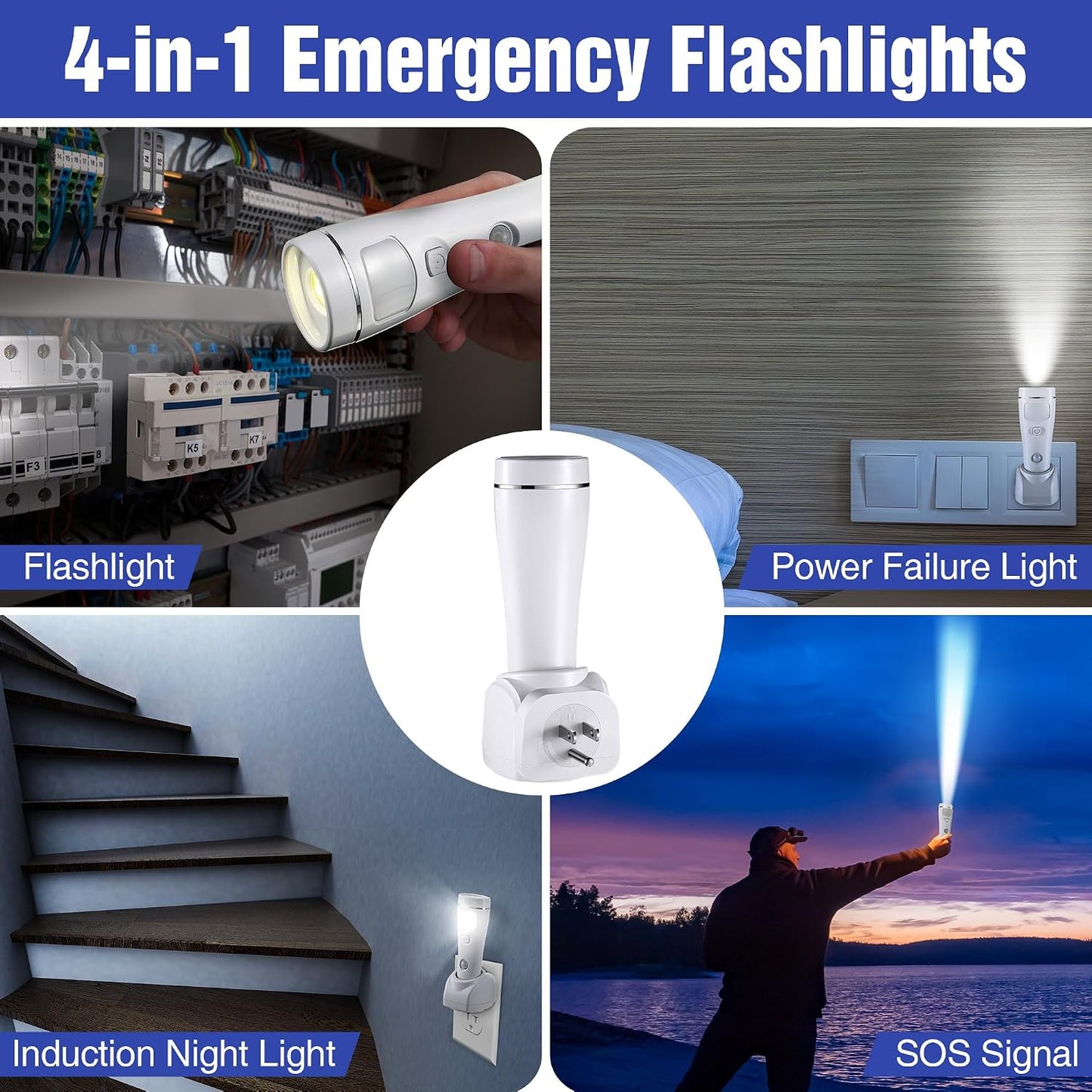 Enhon 3 Pack 4 in 1 LED Emergency Lights for Home Power Failure,White | Rechargeable plug-in flashlight, motion sensor night light, auto turn-on during blackout, hurricane supplies