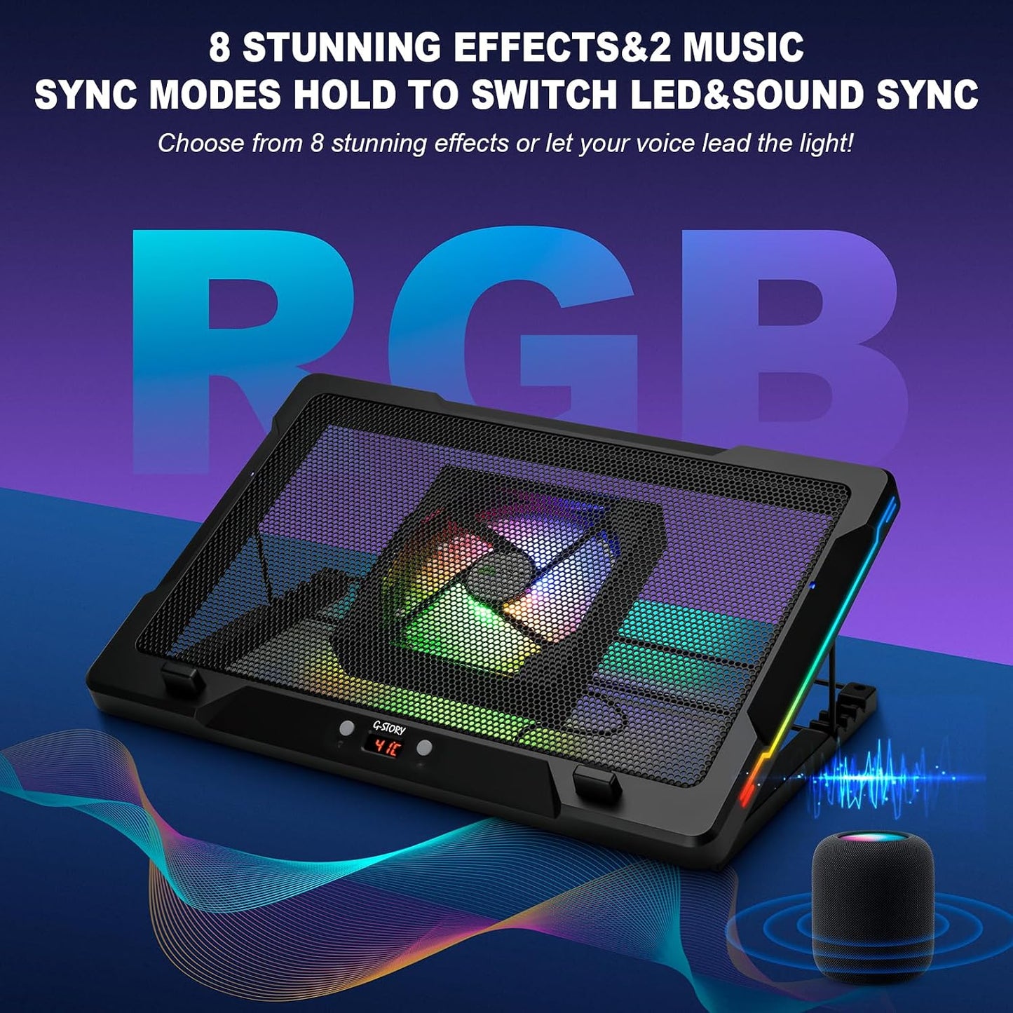 G-STORY Laptop Cooling Pad, RGB Movable Fan Auto Speed Adjust Fit 12-17.3"