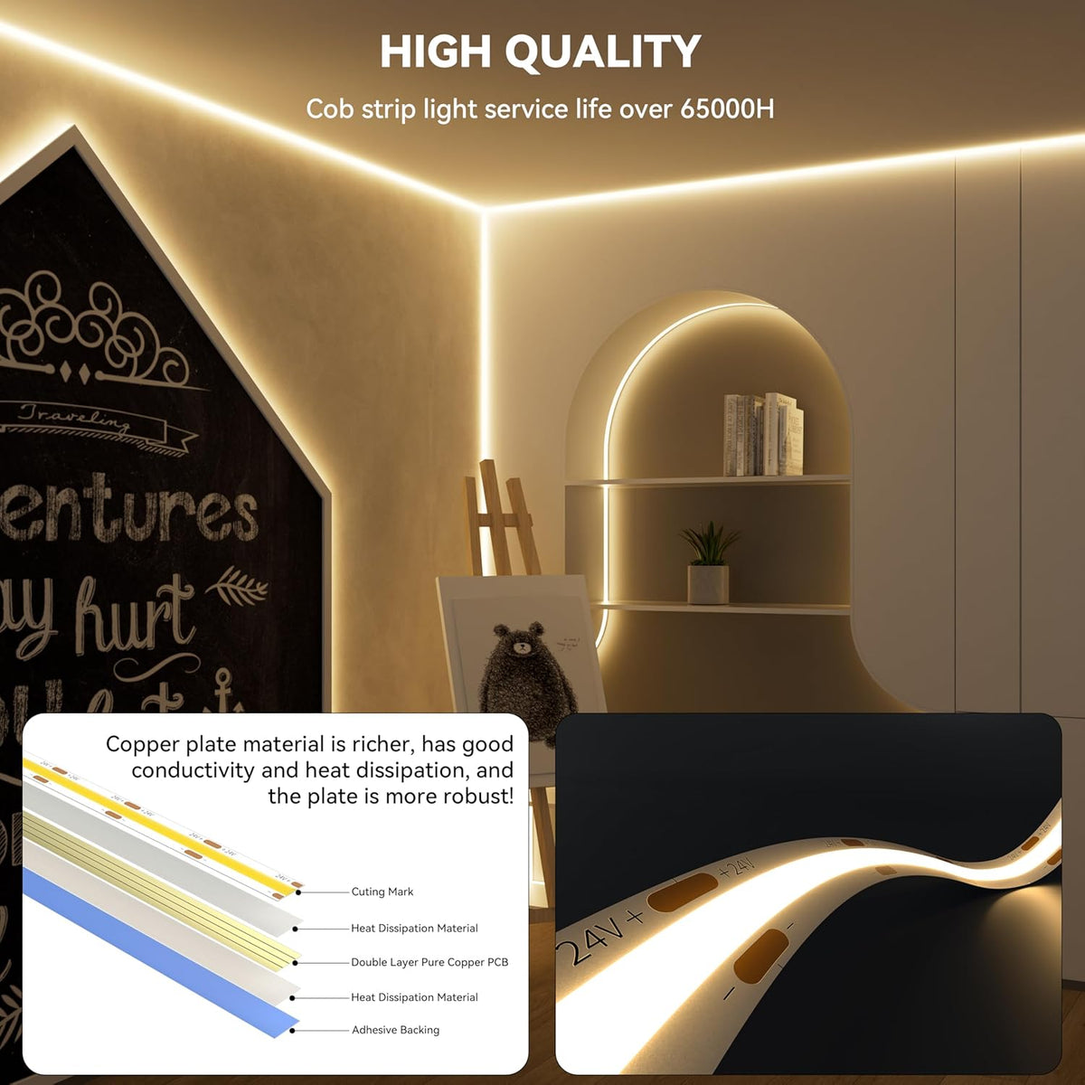 PAUTIX LED Strip Warm White 20ft/6.1m,Smart LED Strip Light Kit Compatible with Alexa/Google Assistant,Dimmable 24V 3000K COB LED Strip Light for Bedroom,Kitchen,Cabinet,Mirror,Sunroom