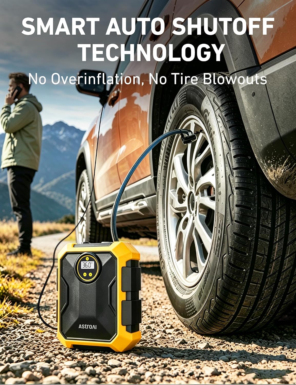 AstroAI Tire Inflator Portable Air Compressor 12V DC Integrated Storage | 9.8Ft Cord Digital Gauge Auto ShutOff LED Light Fast Inflation Air Pump for Car Tires Bike Ball Motorcycle Inflatables Yellow