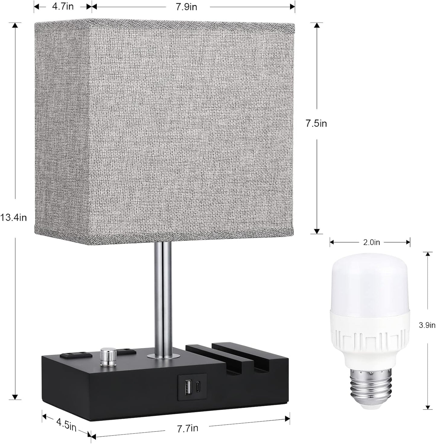 Bedside Table Lamp for Bedroom Nightstand - Stepless Dimmable, 2 AC Outlets | Dimming By Rotary Knob, USB C+A Ports, 2 Phone Stands, LED Bulbs Included, Rectangle Grey Fabric Shade, for Living Room, Desk