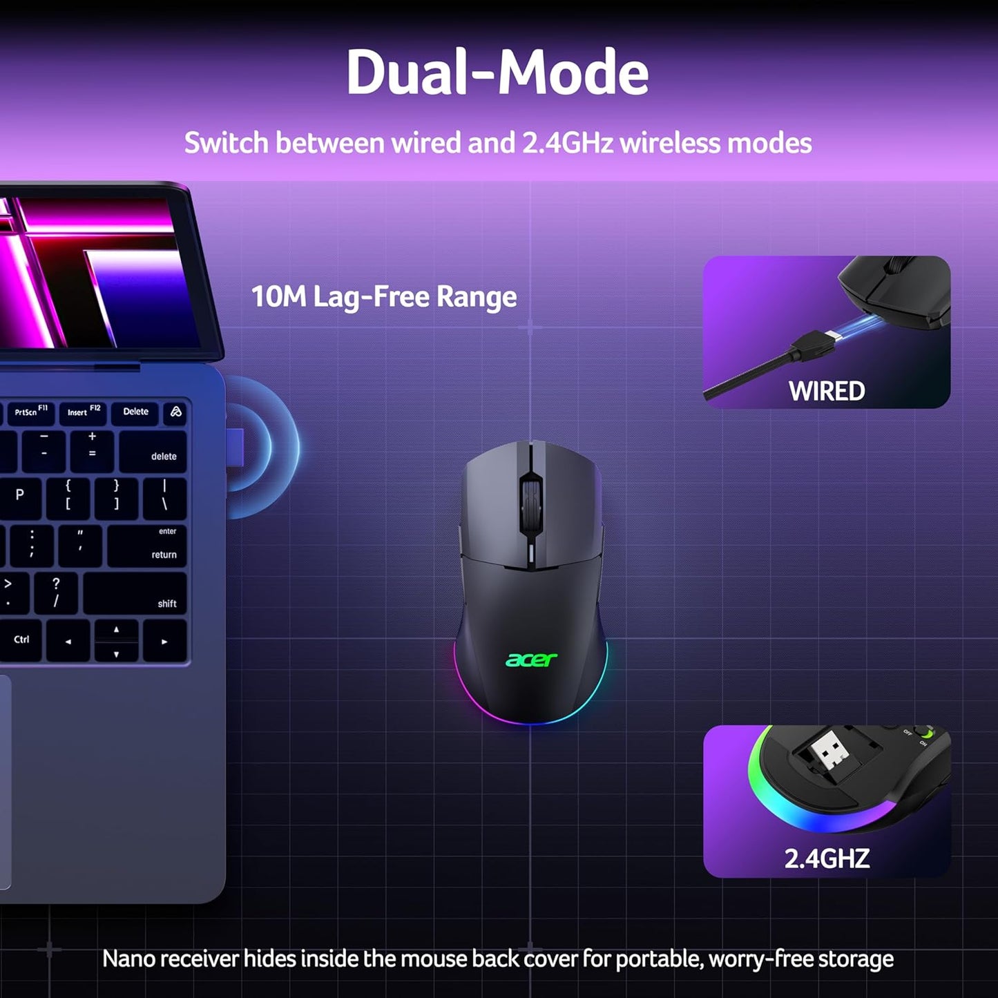 Acer Dual-Mode 2.4GHz Wireless &amp; Wired Computer Gaming Mouse for PC, Laptop | Left &amp; Right Handed Mouse with 24,000 DPI, 8 Programmable Buttons, Rechargable Gaming Mice, Long Battery Life, RGB Gamer