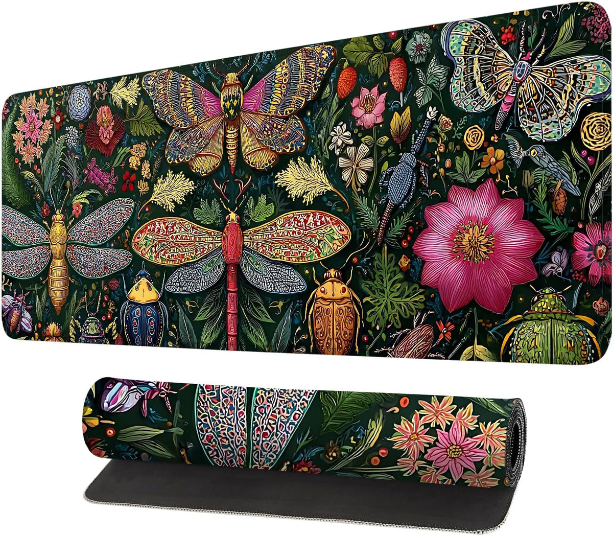 Desk Mat, XXL Extended Gaming Pad for Desktop, 31x12 Inches Butterflies and Dragonflies Garden Scene, Large Non-Slip Vegan Leather Keyboard Mouse Mat for Home Office