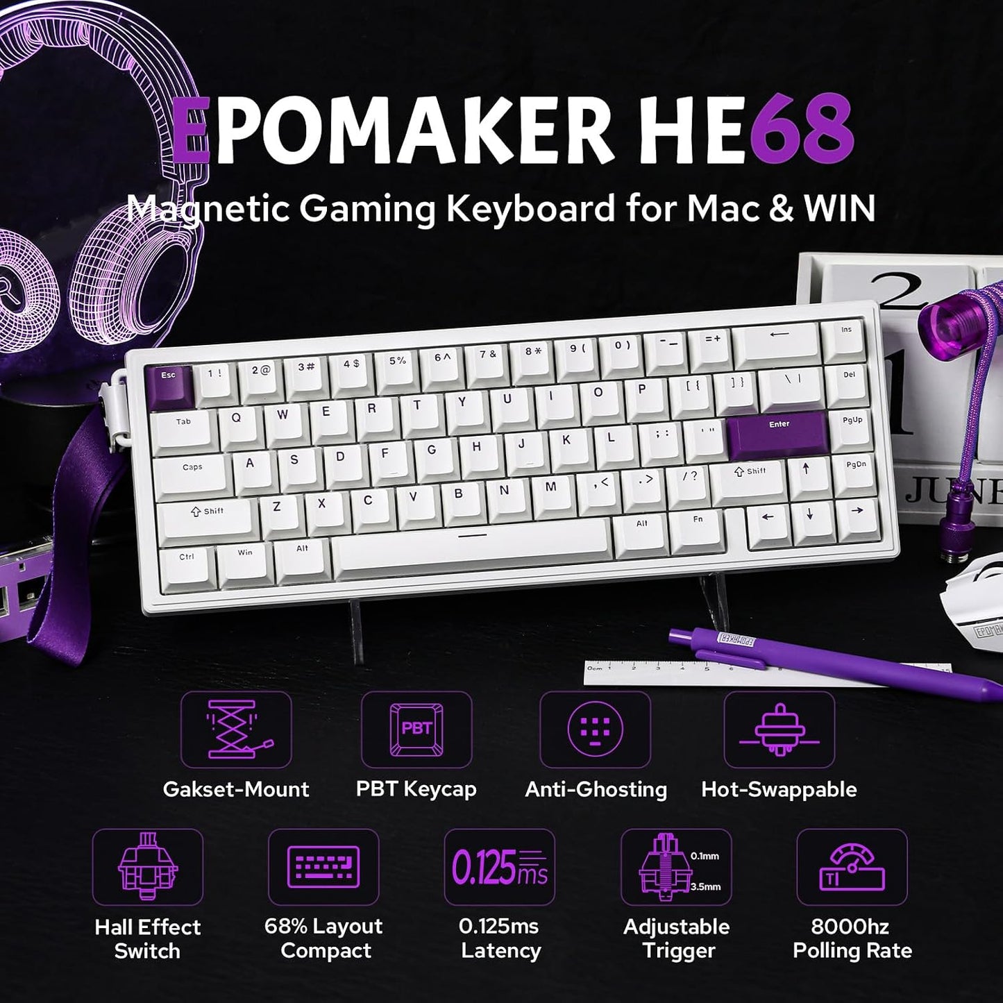 EPOMAKER HE68 Hall Effect Keyboard, 8000hz Polling, 0.01mm Adjustable Trigger, 0.125ms Latency, Creamy Gasket, Snap Key, SOCD, RGB, Wired Magnetic Gaming Keyboard for Mac/PC (White)