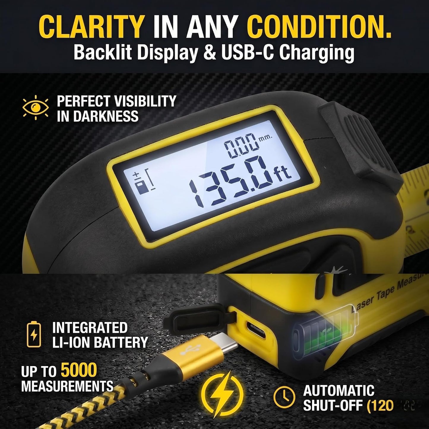 2-in-1 Laser Tape Measure - 130 Ft/40 m Digital Tape Measure & 16 Ft/5 m Measuring Tape Tool with Magnetic Hook, Pythagorean, Area, Volume, LCD Screen for Construction & Woodworker (M/in/Ft Unit)