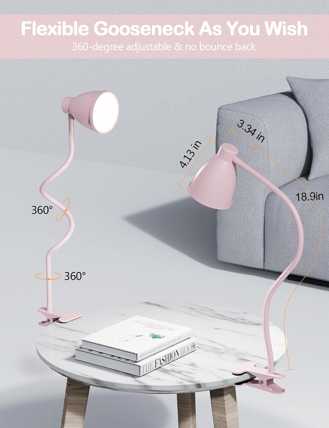 BOHON Cute Desk Lamp with Clamp Clip on Light, 5 Color 10 Brightness, Pink