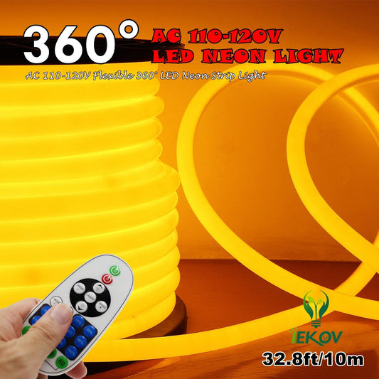 [Upgrade] 360° LED NEON Light, AC 110-120V Flexible 360 Degree LED Neon Strip Light, Dimmable & Waterproof NEON LED Rope Light+Remote Controller (32.8ft/10m, Golden Yellow)