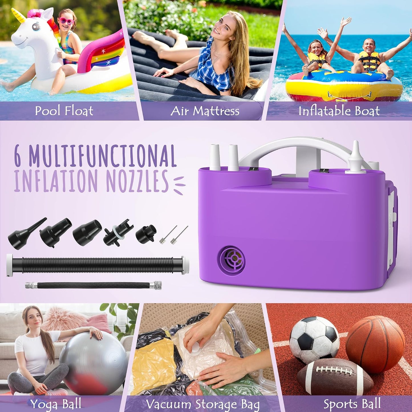 4-in-1 Electric Balloon Pump Triple Nozzles for Latex Foil 260q Balloon | Inflator Deflator for Inflatables Air Mattresses Pool Floats Yoga Balls, Electric Air Pump for Sports Balls