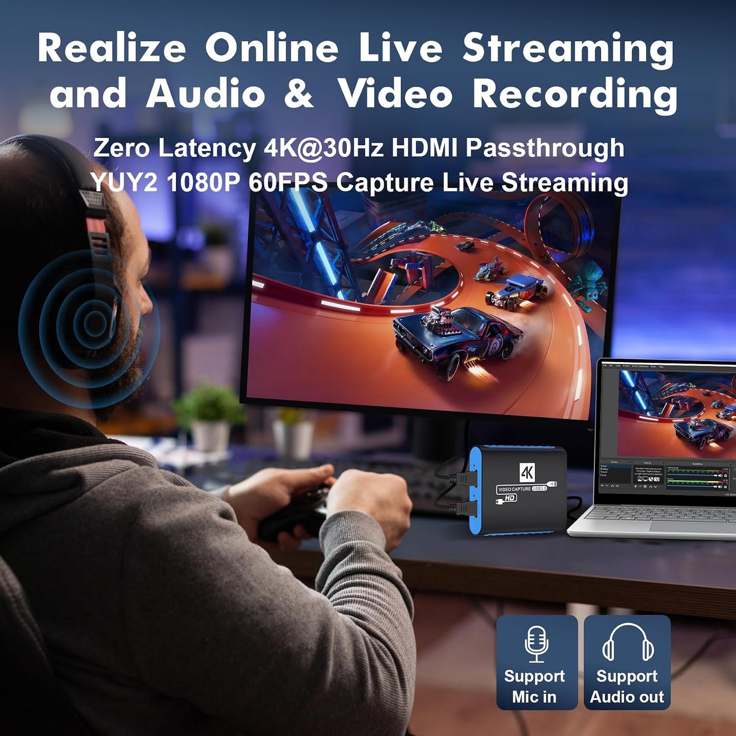 USB Capture Card for Streaming, YUY2 1080P 60FPS for Switch/PS5/Xbox/DSLR | 4K HDMI Pass-Through, 3.5mm Mic-in, Plug & Play No Drivers, for OBS Twitch YouTube, Windows/Mac Compatible