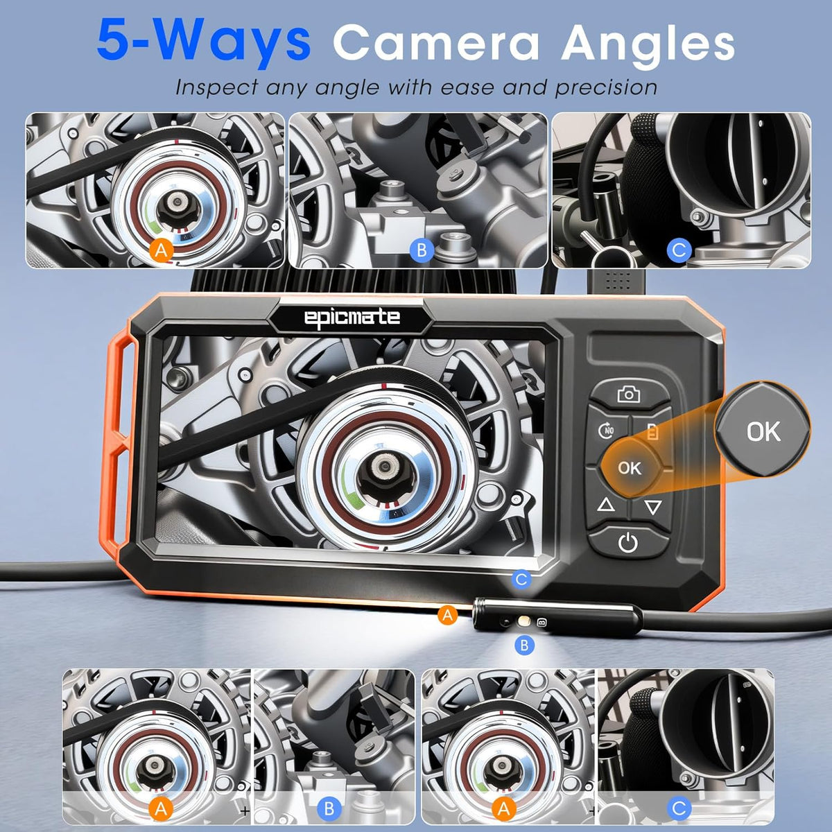 Triple Lens Borescope with 5" IPS Screen, 1920P HD Inspection Camera | Endoscope with 50FT Semi-Rigid Snake Cable & 32GB Card, IP67 Waterproof Plumbing Camera for Sewer/Automotive/Drain Pipe