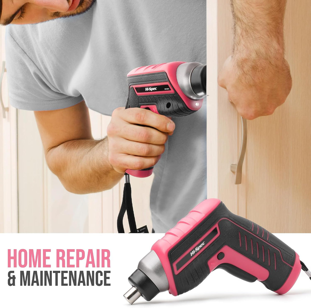 Hi-Spec 3.6V USB Electric Screwdriver for Home Repairs and Assembly, Pink | 35pc, fast assembly help, common screw bit selection, LED visibility, compact grip, quick household fixes, organized storage