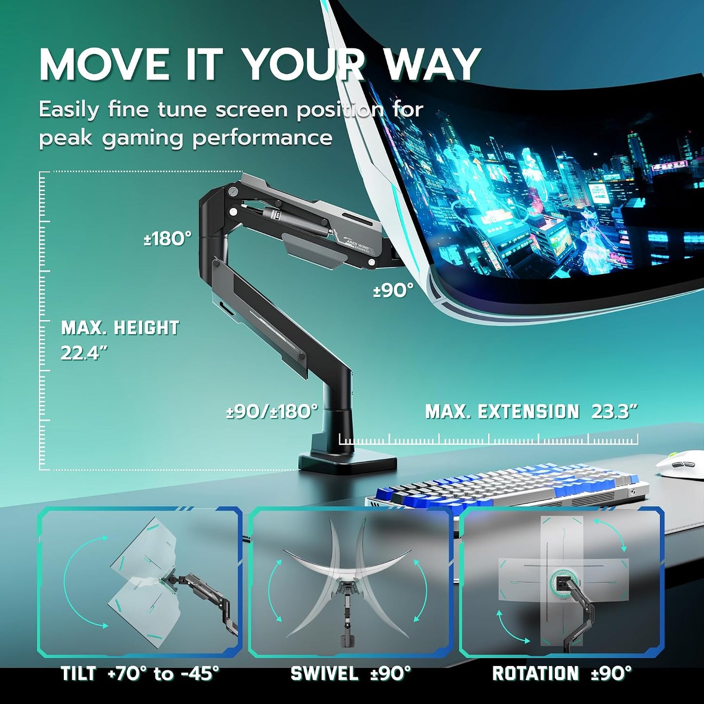 ARES WING Heavy Duty Monitor Arm for 24-57 Inch Screens, Black | Gas Spring Aluminum Monitor Mount for Ultrawide Screens up to 66 lbs with Clamp/Grommet Desk Mount, 75/100/200 Vesa Mount
