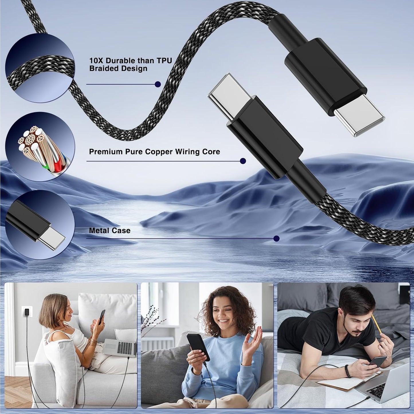 65W Super Fast Charger Type C for Samsung,3 Port 100W PD Quick Charging 3.0 USB C Block & 3/6/10/10FT Braided Type C Cord for Samsung Galaxy S26 Ultra/S26/S25 Ultra/iPhone 17 Pro/MacBook Pro/Air