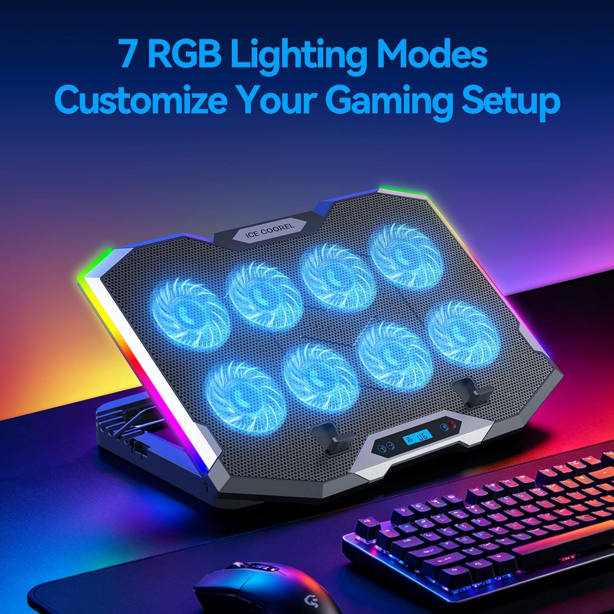 Gaming Laptop Cooling Pad with 8 Cooling Fans, Laptop Fan Cooler Pad for 15-17.3 Inch, Notebook Cooler Stand with 6 Height Adjustable, RGB Cooling Pad with Two USB Port + Phone Stand