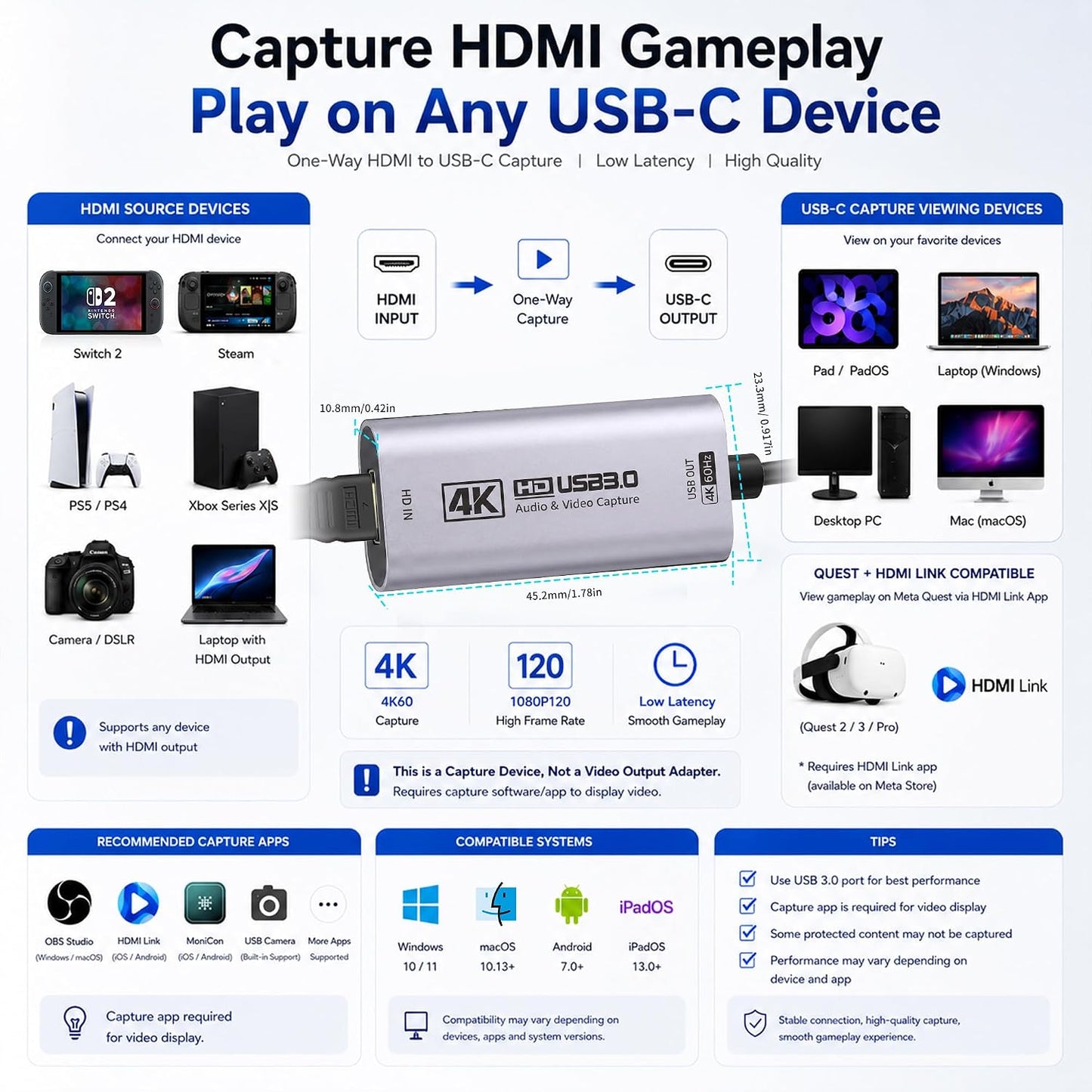 Guermok HDMI Capture Card, USB 3.0 HDMI to USBC Video Capture Card, 4K60FPS | 2K 120FPS Capture Card for Streaming, Works with iPad, Switch 2/1, PS5/4, Xbox, Quest 3, Mac OS, Windows, Zoom, OBS, Camera