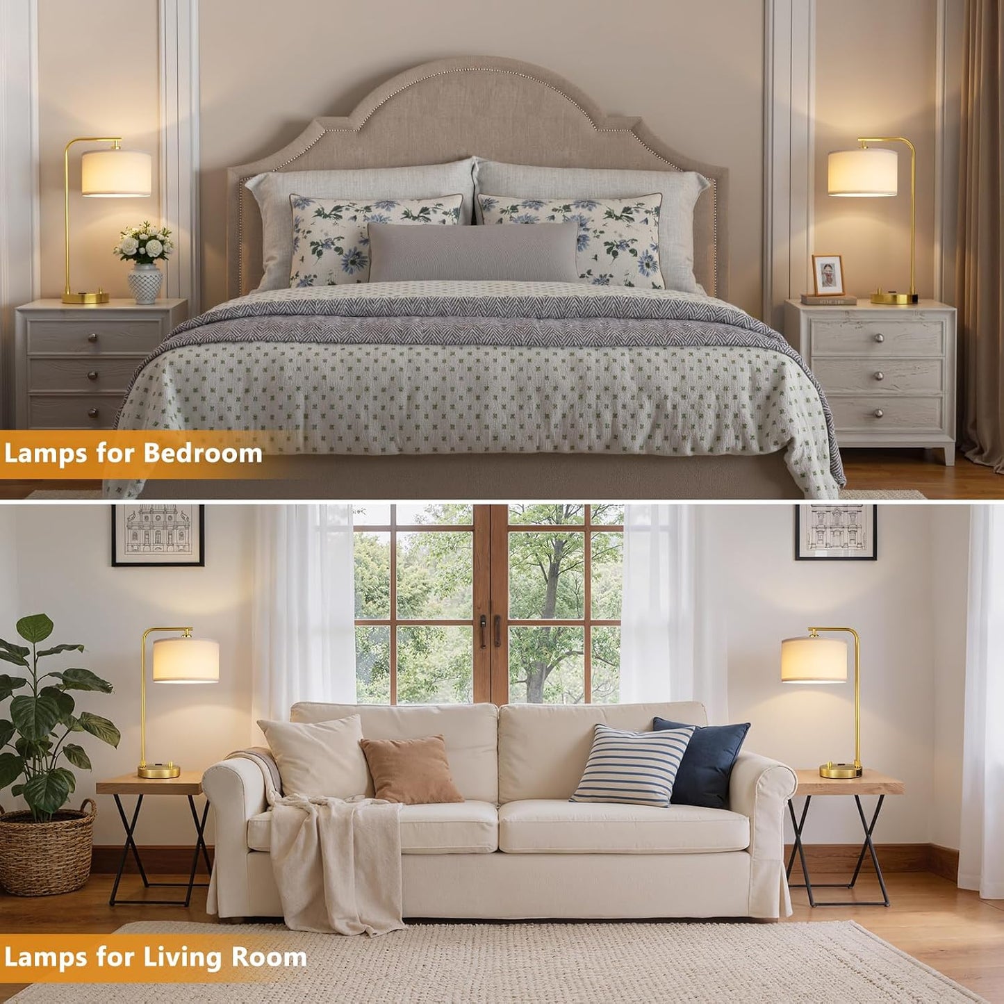 Gold Bedside Lamps Set of 2, Fully Dimmable Lamps for Night Stands, USB A+C | Modern, Linen Lampshade, USB Port and Outlet, Tall Desk Lamps for Bedroom, Nightstand, Living Room, Home Office, End Table