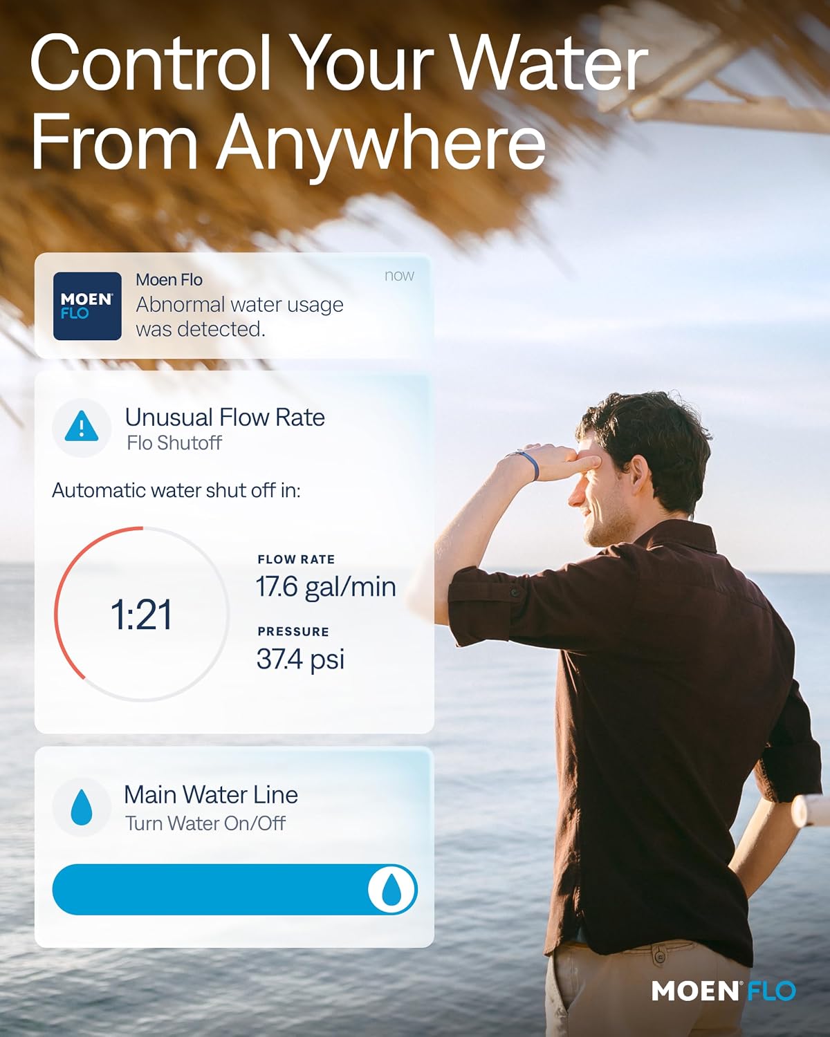Moen Flo Shutoff, Automatic Water Leak Detector & Shutoff, 3/4" | Automatic Shutoff, Leak Detection, MicroLeak Tests, Monitors Flow, Pressure, Moisture, and Temperature, WiFi App Control