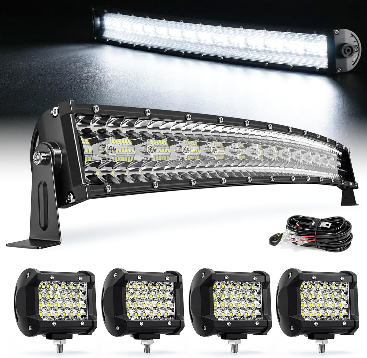 LED Light Bar Kit, 32Inch 585W Ultra Slim Double Row Light, 4PCS 72W Cube Light with Wiring Harness, Off Road Accessories Fog Lights for SUV ATV UTV Tractor Pickup Boat