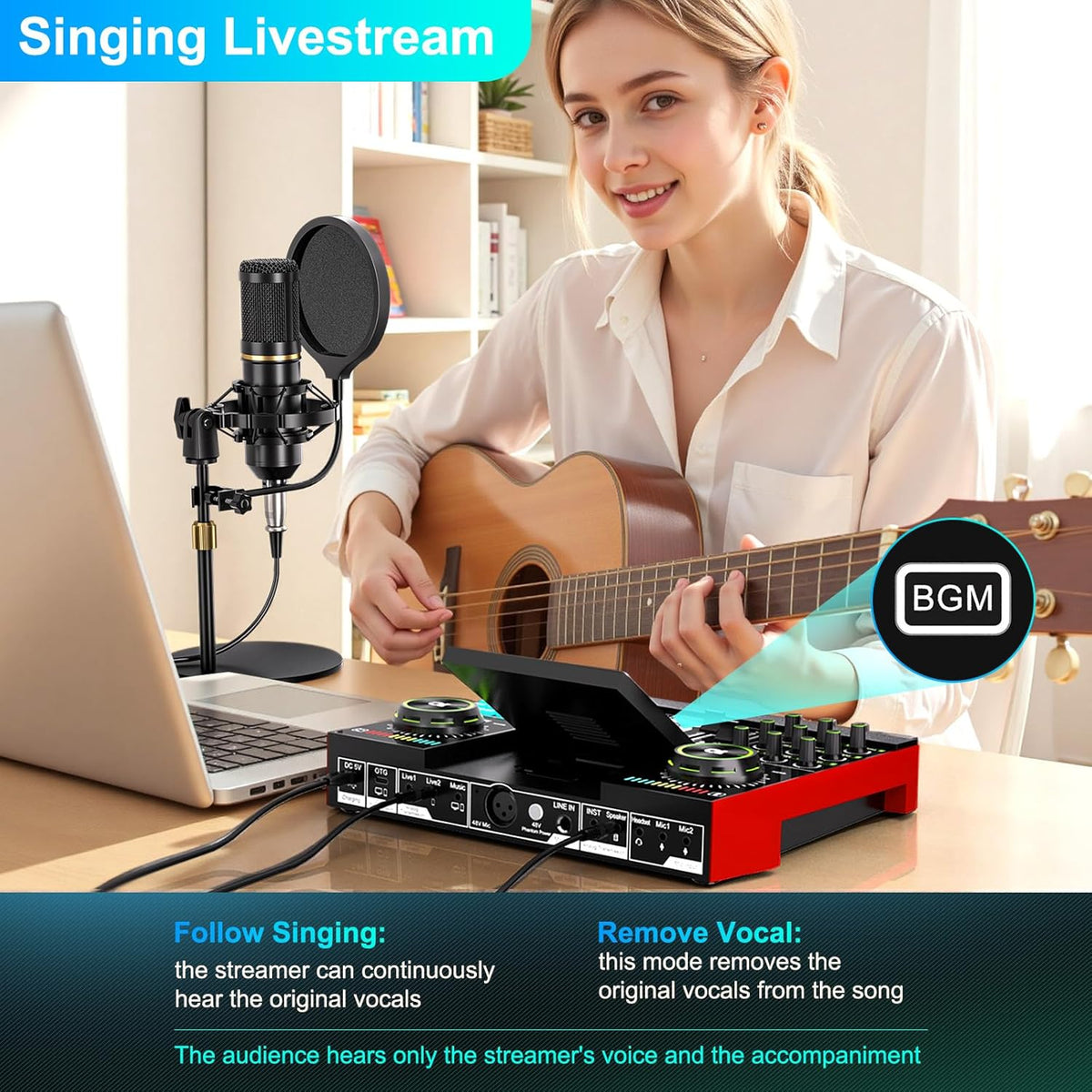 Podcast Microphone Bundle with Live Sound Card Audio Mixer, Podcast Equipment Bundle with 3.5mm Condenser Microphone for Pc/Phone Live Streaming Singing Gaming, Sound Board with Voice Changer, Denoise